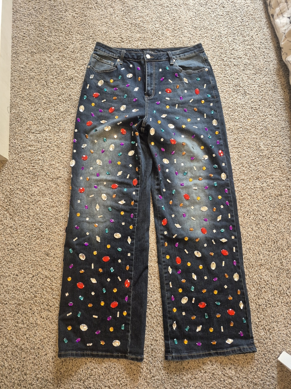 AKIRA Straight-Leg Jeans with Multicolor Jewel Embellishments - Dark Wash - Picture 8 of 9